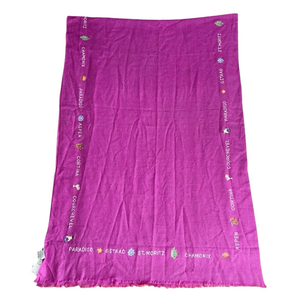 NWT Benaras by Citrus Wool Blend Fushia Pink Embroidered Fringe Scarf Ski Resort